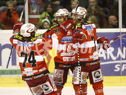 EBEL. Eishockey Bundesliga. KAC gegen EC Red Bull Salzburg. Torjubel RATCHUK Peter, RATZ Herbert, KALT Dieter (KAC). Klagenfurt, am 21.11.2010.
Foto: Kuess 

---
pressefotos, pressefotografie, kuess, qs, qspictures, sport, bild, bilder, bilddatenbank