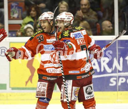 EBEL. Eishockey Bundesliga. KAC gegen EC Red Bull Salzburg. Torjubel RATCHUK Peter, RATZ Herbert (KAC). Klagenfurt, am 21.11.2010.
Foto: Kuess 

---
pressefotos, pressefotografie, kuess, qs, qspictures, sport, bild, bilder, bilddatenbank