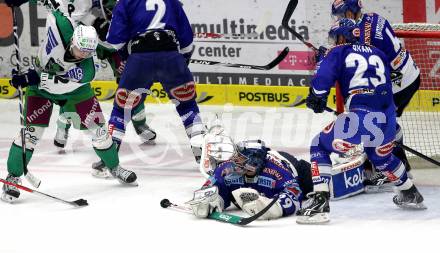 EBEL. Eishockey Bundesliga. EC Pasut VSV gegen HDD TILIA Olimpija Ljubljana. Bernhard Starkbaum, Matt Ryan (VSV), SACHL Petr (Laibach). Villach, am 26.11.2010.
Foto: Kuess 


---
pressefotos, pressefotografie, kuess, qs, qspictures, sport, bild, bilder, bilddatenbank