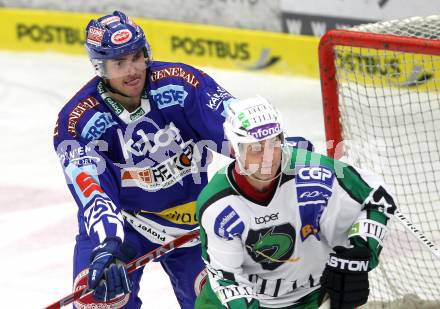 EBEL. Eishockey Bundesliga. EC Pasut VSV gegen HDD TILIA Olimpija Ljubljana. Josh Langfeld, (VSV), Jeffrey Tory  (Laibach). Villach, am 26.11.2010.
Foto: Kuess 


---
pressefotos, pressefotografie, kuess, qs, qspictures, sport, bild, bilder, bilddatenbank