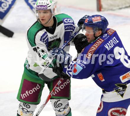 EBEL. Eishockey Bundesliga. EC Pasut VSV gegen HDD TILIA Olimpija Ljubljana. Roland Kaspitz, (VSV), HUGHES John (Laibach). Villach, am 26.11.2010.
Foto: Kuess 


---
pressefotos, pressefotografie, kuess, qs, qspictures, sport, bild, bilder, bilddatenbank