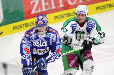 EBEL. Eishockey Bundesliga. EC Pasut VSV gegen HDD TILIA Olimpija Ljubljana. Josh Langfeld,  (VSV), Jeffrey Tory (Laibach). Villach, am 26.11.2010.
Foto: Kuess 


---
pressefotos, pressefotografie, kuess, qs, qspictures, sport, bild, bilder, bilddatenbank