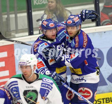 EBEL. Eishockey Bundesliga. EC Pasut VSV gegen HDD TILIA Olimpija Ljubljana. Torjubel Roland Kaspitz, Derek Damon (VSV). Villach, am 26.11.2010.
Foto: Kuess 


---
pressefotos, pressefotografie, kuess, qs, qspictures, sport, bild, bilder, bilddatenbank