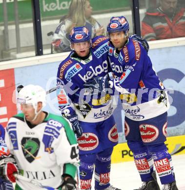 EBEL. Eishockey Bundesliga. EC Pasut VSV gegen HDD TILIA Olimpija Ljubljana.  Torjubel Roland Kaspitz, Derek Damon (VSV). Villach, am 26.11.2010.
Foto: Kuess 


---
pressefotos, pressefotografie, kuess, qs, qspictures, sport, bild, bilder, bilddatenbank