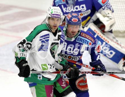 EBEL. Eishockey Bundesliga. EC Pasut VSV gegen HDD TILIA Olimpija Ljubljana. Gerhard Unterluggauer (VSV), HIGGINS Matt (Laibach). Villach, am 26.11.2010.
Foto: Kuess 


---
pressefotos, pressefotografie, kuess, qs, qspictures, sport, bild, bilder, bilddatenbank