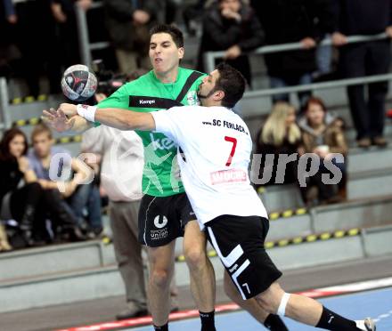 Handball Bundesliga. HC Kaernten gegen SC Ferlach. Markus Goeschl (HCK), Christian Koschu (Ferlach). Klagenfurt, 27.11.2010.
Foto: Kuess
---
pressefotos, pressefotografie, kuess, qs, qspictures, sport, bild, bilder, bilddatenbank