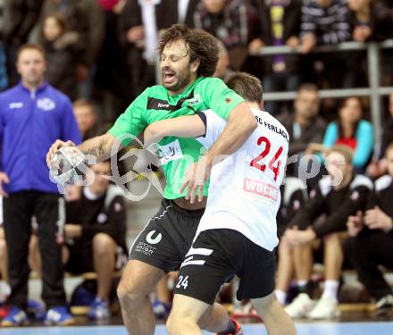 Handball Bundesliga. HC Kaernten gegen SC Ferlach. Branko Bedekovic (HCK),  Daniel Plesej (Ferlach). Klagenfurt, 27.11.2010.
Foto: Kuess
---
pressefotos, pressefotografie, kuess, qs, qspictures, sport, bild, bilder, bilddatenbank