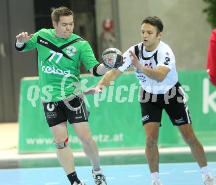 Handball Bundesliga. HC Kaernten gegen SC Ferlach. Florian Pontasch-Mueller (HCK), Dino Poje  (Ferlach). Klagenfurt, 27.11.2010.
Foto: Kuess
---
pressefotos, pressefotografie, kuess, qs, qspictures, sport, bild, bilder, bilddatenbank