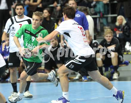 Handball Bundesliga. HC Kaernten gegen SC Ferlach. Markus Godec (HCK), Primoz Drozina  (Ferlach). Klagenfurt, 27.11.2010.
Foto: Kuess
---
pressefotos, pressefotografie, kuess, qs, qspictures, sport, bild, bilder, bilddatenbank