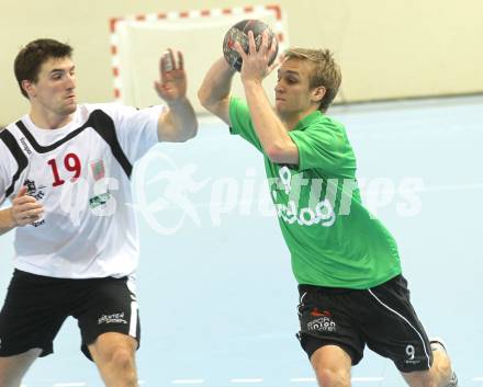 Handball Bundesliga. HC Kaernten gegen SC Ferlach. Markus Godec (HCK), Primoz Drozina (Ferlach). Klagenfurt, 27.11.2010.
Foto: Kuess
---
pressefotos, pressefotografie, kuess, qs, qspictures, sport, bild, bilder, bilddatenbank