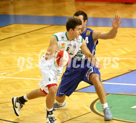 Basketball Bundesliga. Woerthersee Piraten gegen Allianz Swans Gmunden.  Marco Breithuber, (Piraten),  Enis Murati  (Gmunden). Klagenfurt, 4.12.2010.
Foto:  Kuess

---
pressefotos, pressefotografie, kuess, qs, qspictures, sport, bild, bilder, bilddatenbank