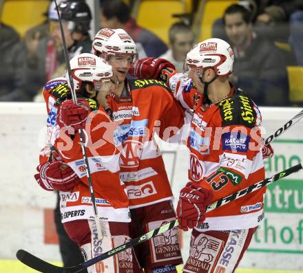 EBEL. Eishockey Bundesliga. KAC gegen HDD TILIA Olimpija Ljubljana. Torjubel Tyler Spurgeon, Paul Schellander, Johannes Kirisits (KAC). Klagenfurt, am 5.12.2010.
Foto: Kuess 

---
pressefotos, pressefotografie, kuess, qs, qspictures, sport, bild, bilder, bilddatenbank