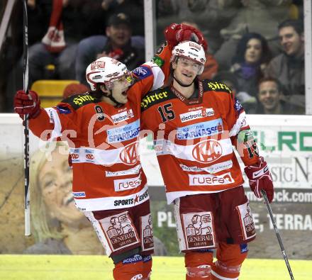 EBEL. Eishockey Bundesliga. KAC gegen HDD TILIA Olimpija Ljubljana. Torjubel Tyler Spurgeon, Paul Schellander (KAC). Klagenfurt, am 5.12.2010.
Foto: Kuess 

---
pressefotos, pressefotografie, kuess, qs, qspictures, sport, bild, bilder, bilddatenbank