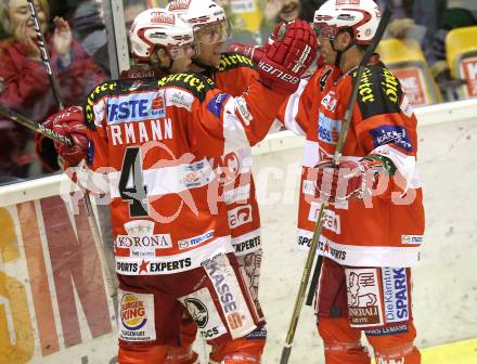 EBEL. Eishockey Bundesliga. KAC gegen HDD TILIA Olimpija Ljubljana. Torjubel Markus Pirmann, Johannes  Reichel, Andrew Schneider (KAC). Klagenfurt, am 5.12.2010.
Foto: Kuess 

---
pressefotos, pressefotografie, kuess, qs, qspictures, sport, bild, bilder, bilddatenbank