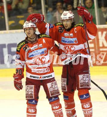 EBEL. Eishockey Bundesliga. KAC gegen HDD TILIA Olimpija Ljubljana. Torjubel Mike Craig, (KAC), Christoph Brandner (Laibach). Klagenfurt, am 5.12.2010.
Foto: Kuess 

---
pressefotos, pressefotografie, kuess, qs, qspictures, sport, bild, bilder, bilddatenbank