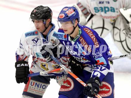 EBEL. Eishockey Bundesliga. EC Pasut VSV gegen  Alba Volan SAPA Fehervar AV19. Michael Raffl,  (VSV), Juray Durco (Alba Volan). Villach, am 26.12.2010.
Foto: Kuess 


---
pressefotos, pressefotografie, kuess, qs, qspictures, sport, bild, bilder, bilddatenbank