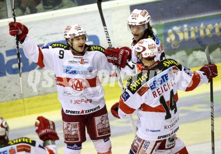 EBEL. Eishockey Bundesliga. EC KAC gegen Alba Volan SAPA Fehervar AV19. Torjubel Tyler Spurgeon, Thomas Hundertpfund, Johannes Reichel (KAC). Klagenfurt, am 28.12.2010.
Foto: Kuess 

---
pressefotos, pressefotografie, kuess, qs, qspictures, sport, bild, bilder, bilddatenbank