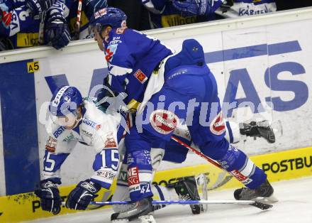 EBEL. Eishockey Bundesliga. EC Rekordfenster VSV gegen KHL Medvescak Zagreb. Joshua Langfeld, (VSV),  Andy Sertich (Zagreb). Villach, am 2.1.2011.
Foto: Kuess

---
pressefotos, pressefotografie, kuess, qs, qspictures, sport, bild, bilder, bilddatenbank