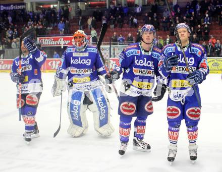 EBEL. Eishockey Bundesliga. EC Rekordfenster VSV gegen KHL Medvescak Zagreb. Jubel Gerhard Unterluggauer, Gert Prohaska, Michael Raffl, Matt Ryan (VSV). Villach, am 2.1.2011.
Foto: Kuess

---
pressefotos, pressefotografie, kuess, qs, qspictures, sport, bild, bilder, bilddatenbank