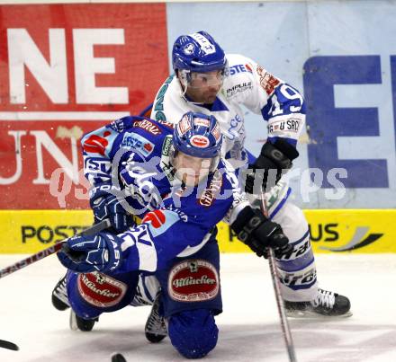 EBEL. Eishockey Bundesliga. EC Rekordfenster VSV gegen KHL Medvescak Zagreb. Mario Altmann, (VSV), Greg Day (Zagreb). Villach, am 2.1.2011.
Foto: Kuess

---
pressefotos, pressefotografie, kuess, qs, qspictures, sport, bild, bilder, bilddatenbank