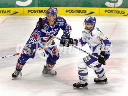 EBEL. Eishockey Bundesliga. EC Rekordfenster VSV gegen KHL Medvescak Zagreb. Jonathan Ferland, (VSV), Miroslav Brumercik (Zagreb). Villach, am 2.1.2011.
Foto: Kuess

---
pressefotos, pressefotografie, kuess, qs, qspictures, sport, bild, bilder, bilddatenbank