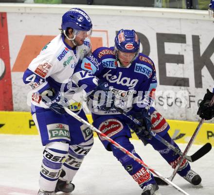 EBEL. Eishockey Bundesliga. EC Rekordfenster VSV gegen KHL Medvescak Zagreb. Roland Kaspitz, (VSV), Kenneth Macauley (Zagreb). Villach, am 2.1.2011.
Foto: Kuess

---
pressefotos, pressefotografie, kuess, qs, qspictures, sport, bild, bilder, bilddatenbank