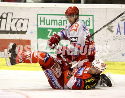 EBEL. Eishockey Bundesliga. EC KAC gegen HK Acroni Jesenice. Gregor Hager, (KAC), Marjan Manfreda (Jesenice). Klagenfurt, am 9.1.2011.
Foto: Kuess 

---
pressefotos, pressefotografie, kuess, qs, qspictures, sport, bild, bilder, bilddatenbank