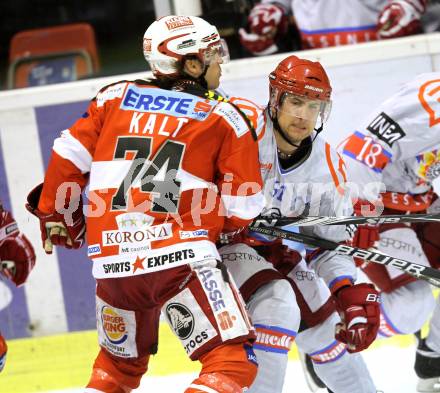 EBEL. Eishockey Bundesliga. EC KAC gegen HK Acroni Jesenice. Dieter Kalt, (KAC), Mitja Robar (Jesenice). Klagenfurt, am 9.1.2011.
Foto: Kuess 

---
pressefotos, pressefotografie, kuess, qs, qspictures, sport, bild, bilder, bilddatenbank