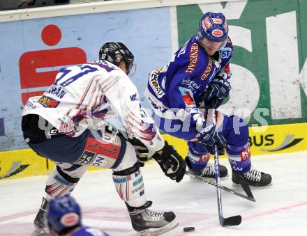 EBEL. Eishockey Bundesliga. EC Rekordfenster VSV gegen SAPA Fehervar AV19. Christof Martinz, (VSV), Attila Orban (Alba Volan). Villach, am 14.1.2011.
Foto: Kuess

---
pressefotos, pressefotografie, kuess, qs, qspictures, sport, bild, bilder, bilddatenbank