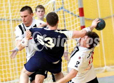 Handball Bundesliga. SC Ferlach gegen Hollabrunn. Daniel Plesej, Primoz Drozina (Ferlach), Andreas Czech (Hollabrunn). Ferlach, 15.1.2011.
Foto: Kuess
---
pressefotos, pressefotografie, kuess, qs, qspictures, sport, bild, bilder, bilddatenbank