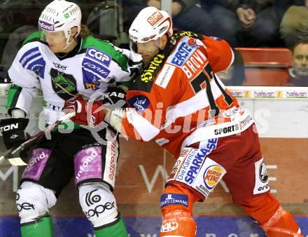 EBEL. Eishockey Bundesliga. EC KAC gegen HDD TILIA Olimpija Ljubljana. Sean Brown, (KAC), Tomi Mustonen (Laibach). Klagenfurt, am 16.1.2011.
Foto: Kuess 

---
pressefotos, pressefotografie, kuess, qs, qspictures, sport, bild, bilder, bilddatenbank