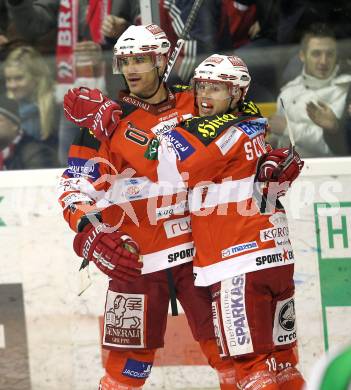 EBEL. Eishockey Bundesliga. EC KAC gegen HDD TILIA Olimpija Ljubljana. Torjubel Sean Brown, Tyler Scofield (KAC). Klagenfurt, am 16.1.2011.
Foto: Kuess 

---
pressefotos, pressefotografie, kuess, qs, qspictures, sport, bild, bilder, bilddatenbank