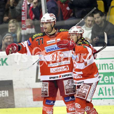 EBEL. Eishockey Bundesliga. EC KAC gegen HDD TILIA Olimpija Ljubljana. Torjubel Sean Brown, Tyler Scofield (KAC). Klagenfurt, am 16.1.2011.
Foto: Kuess 

---
pressefotos, pressefotografie, kuess, qs, qspictures, sport, bild, bilder, bilddatenbank