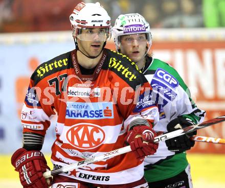 EBEL. Eishockey Bundesliga. EC KAC gegen HDD TILIA Olimpija Ljubljana. SEan Brown,  (KAC), Tomi Mustonen (Laibach). Klagenfurt, am 16.1.2011.
Foto: Kuess 

---
pressefotos, pressefotografie, kuess, qs, qspictures, sport, bild, bilder, bilddatenbank