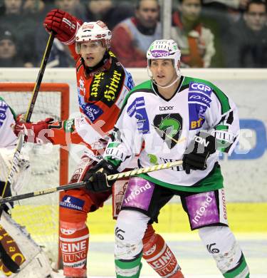 EBEL. Eishockey Bundesliga. EC KAC gegen HDD TILIA Olimpija Ljubljana. Gregor Hager, (KAC), Jeffrey Tory (Laibach). Klagenfurt, am 16.1.2011.
Foto: Kuess 

---
pressefotos, pressefotografie, kuess, qs, qspictures, sport, bild, bilder, bilddatenbank