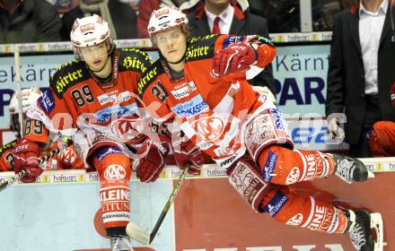 EBEL. Eishockey Bundesliga. EC KAC gegen HDD TILIA Olimpija Ljubljana. Raphael Herburger, Manuel Geier (KAC). Klagenfurt, am 16.1.2011.
Foto: Kuess 

---
pressefotos, pressefotografie, kuess, qs, qspictures, sport, bild, bilder, bilddatenbank