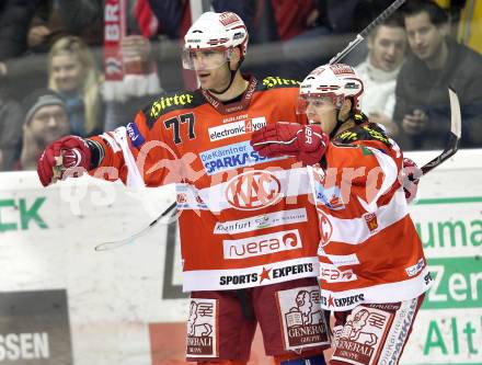 EBEL. Eishockey Bundesliga. EC KAC gegen HDD TILIA Olimpija Ljubljana. Torjubel Sean Brown, Tyler Scofield (KAC). Klagenfurt, am 16.1.2011.
Foto: Kuess 

---
pressefotos, pressefotografie, kuess, qs, qspictures, sport, bild, bilder, bilddatenbank