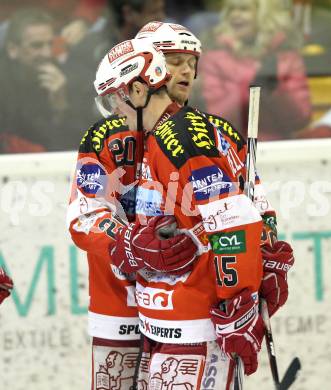 EBEL. Eishockey Bundesliga. EC KAC gegen HDD TILIA Olimpija Ljubljana. Torjubel Mike Craig, Paul Schellander (KAC). Klagenfurt, am 16.1.2011.
Foto: Kuess 

---
pressefotos, pressefotografie, kuess, qs, qspictures, sport, bild, bilder, bilddatenbank