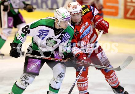 EBEL. Eishockey Bundesliga. EC KAC gegen HDD TILIA Olimpija Ljubljana. Kirk Furey, (KAC), Matt Higgins (Laibach). Klagenfurt, am 16.1.2011.
Foto: Kuess 

---
pressefotos, pressefotografie, kuess, qs, qspictures, sport, bild, bilder, bilddatenbank