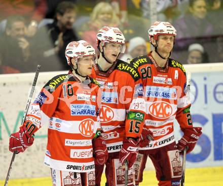 EBEL. Eishockey Bundesliga. EC KAC gegen HDD TILIA Olimpija Ljubljana. Scofield Tyler, Schellander Paul, Craig Mike (KAC). Klagenfurt, am 16.1.2011.
Foto: Kuess 

---
pressefotos, pressefotografie, kuess, qs, qspictures, sport, bild, bilder, bilddatenbank