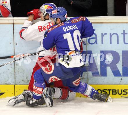 EBEL. Eishockey Bundesliga. EC  VSV gegen EC Red Bull Salzburg.  Derek Damon, (VSV), Thomas Raffl (Salzburg). Villach, am 21.1.2011.
Foto: Kuess 


---
pressefotos, pressefotografie, kuess, qs, qspictures, sport, bild, bilder, bilddatenbank