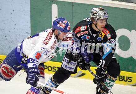 EBEL. Eishockey Bundesliga. EC  VSV gegen EHC LIWEST Linz. Andreas Kristler, (VSV), Martin Grabher Meier  (Linz). Villach, am 23.1.2011.
Foto: Kuess 


---
pressefotos, pressefotografie, kuess, qs, qspictures, sport, bild, bilder, bilddatenbank