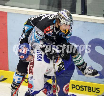 EBEL. Eishockey Bundesliga. EC  VSV gegen EHC LIWEST Linz. Andreas Kristler,  (VSV), Martin Grabher Meier (Linz). Villach, am 23.1.2011.
Foto: Kuess 


---
pressefotos, pressefotografie, kuess, qs, qspictures, sport, bild, bilder, bilddatenbank