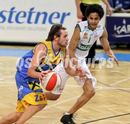 Basketball Bundesliga. Woerthersee Piraten gegen UBC St. Poelten.  Samuel Bachlechner (Piraten), David Jandl (St. Poelten). Klagenfurt, 22.1.2011.
Foto:  Kuess

---
pressefotos, pressefotografie, kuess, qs, qspictures, sport, bild, bilder, bilddatenbank