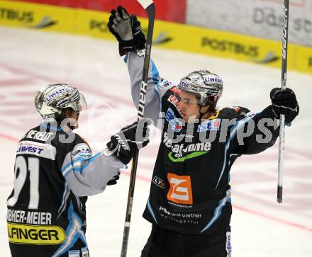 EBEL. Eishockey Bundesliga. EC  VSV gegen EHC LIWEST Linz.  Torjubel Martin Mairitsch, Martin Grabher Meier (Linz). Villach, am 23.1.2011.
Foto: Kuess 


---
pressefotos, pressefotografie, kuess, qs, qspictures, sport, bild, bilder, bilddatenbank