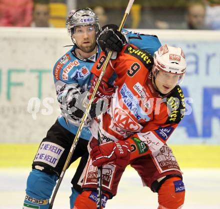 EBEL. Eishockey Bundesliga. KAC gegen EHC LIWEST BLACK WINGS LINZ. Tayler Spurgeon, (KAC), Jason Ward (Linz). Klagenfurt, am 28.1.2011.
Foto: Kuess 

---
pressefotos, pressefotografie, kuess, qs, qspictures, sport, bild, bilder, bilddatenbank