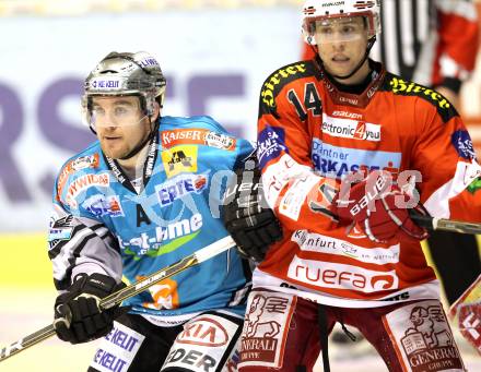 EBEL. Eishockey Bundesliga. KAC gegen EHC LIWEST BLACK WINGS LINZ. Johannes Reichel, (KAC),  Brad Purdie (Linz). Klagenfurt, am 28.1.2011.
Foto: Kuess 

---
pressefotos, pressefotografie, kuess, qs, qspictures, sport, bild, bilder, bilddatenbank