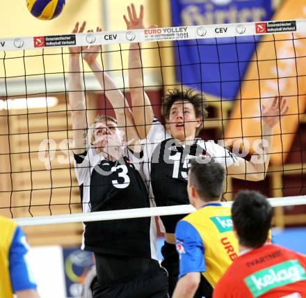 Volleyball MEVZA. Team Club Austria gegen SK Posojilnica Aich/Dob. Peter Wohlfahrtstaetter, Simon Fruehbauer (Austria). Klagenfurt, 29.1.2011.
Foto: Kuess 

---
pressefotos, pressefotografie, kuess, qs, qspictures, sport, bild, bilder, bilddatenbank