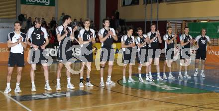 Volleyball MEVZA. Team Club Austria gegen SK Posojilnica Aich/Dob. Philipp Kroiss, Peter Wohlfahrtstaetter, Michael Laimer, Philip Ichovski, Marcus Guttmann, Simon Fruehbauer, Sebastian Kohlhauser, Martin Postl, Florian Ringseis, Thomas Zass, Lukas Weber (Austria). Klagenfurt, 29.1.2011.
Foto: Kuess 

---
pressefotos, pressefotografie, kuess, qs, qspictures, sport, bild, bilder, bilddatenbank