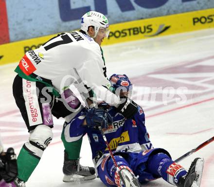 EBEL. Eishockey Bundesliga. EC  VSV gegen HDD TILIA Olimpija Ljubljana. Jonathan Ferland,  (VSV), Ziga Pavlin (Laibach). Villach, am 30.1.2011.
Foto: Kuess 


---
pressefotos, pressefotografie, kuess, qs, qspictures, sport, bild, bilder, bilddatenbank